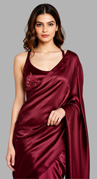 maroon satin saree look
